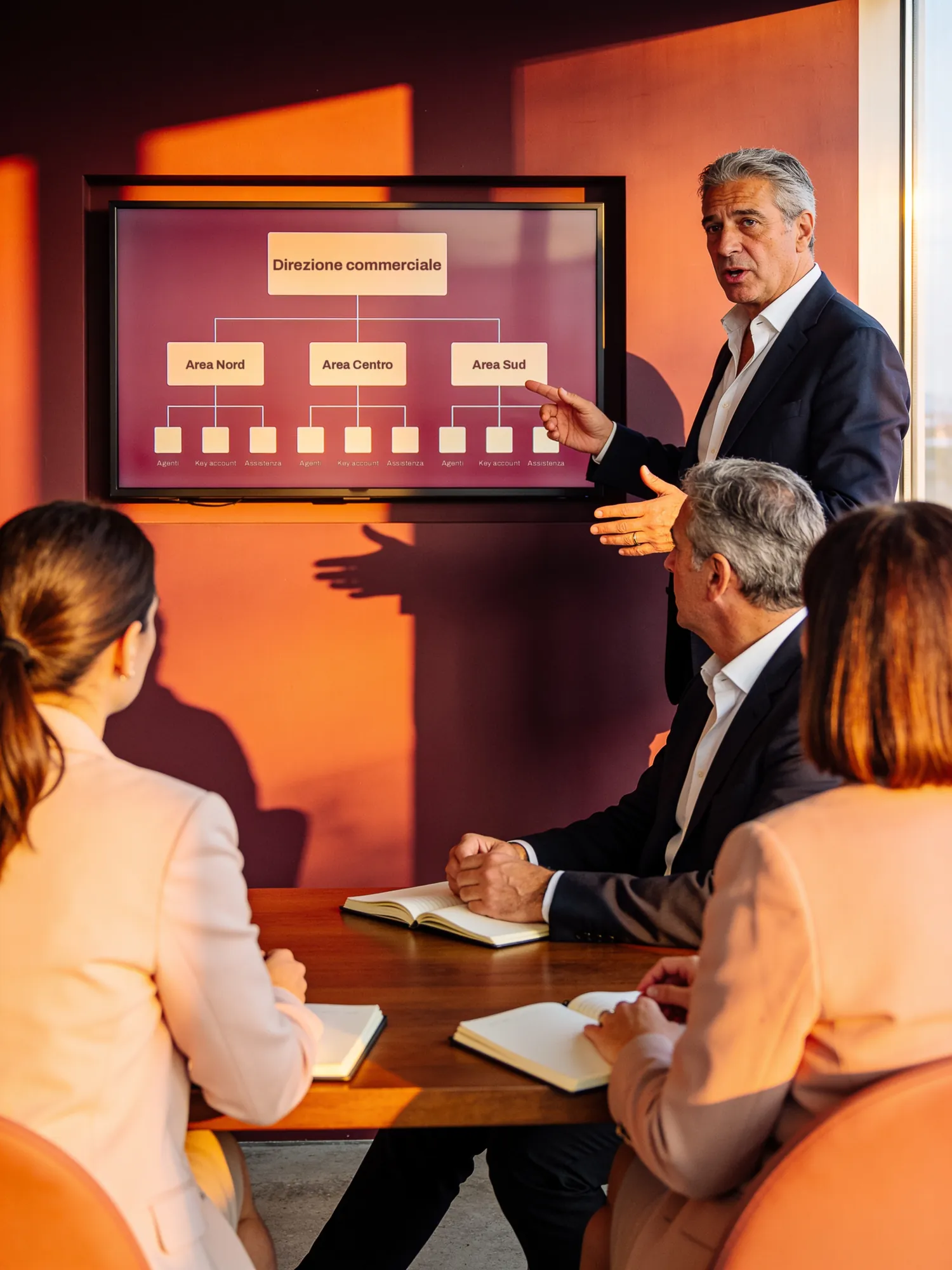Un manager presenta il piano di lavoro alla direzione di una PMI