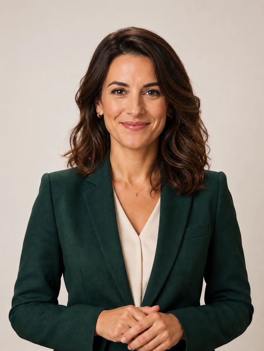 Ritratto di una manager sorridente, giacca verde scuro